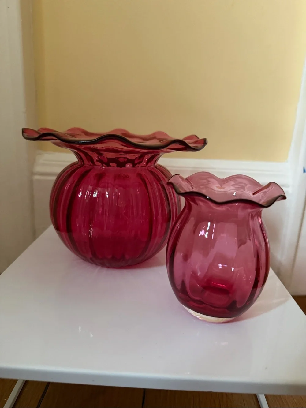 Vintage Cranberry clear glass vases w fluted details. Set of 2